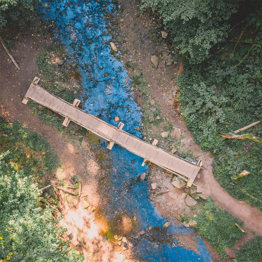 Luftaufnahme eines Holzstegs über einen kleinen Bach, umgeben von Bäumen und Grünflächen.