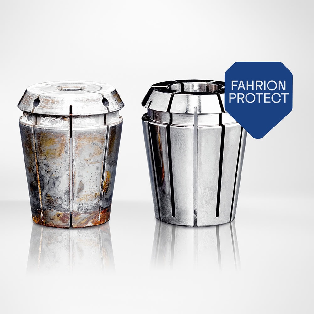 The image shows two collets in comparison. On the left is a corroded collet, while on the right is a shiny collet with FAHRION PROTECT coating, which protects against rust and wear.