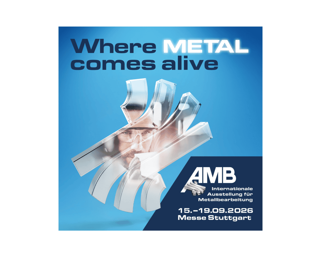 AMB Messeplakat mit Metallformen und Arbeiter